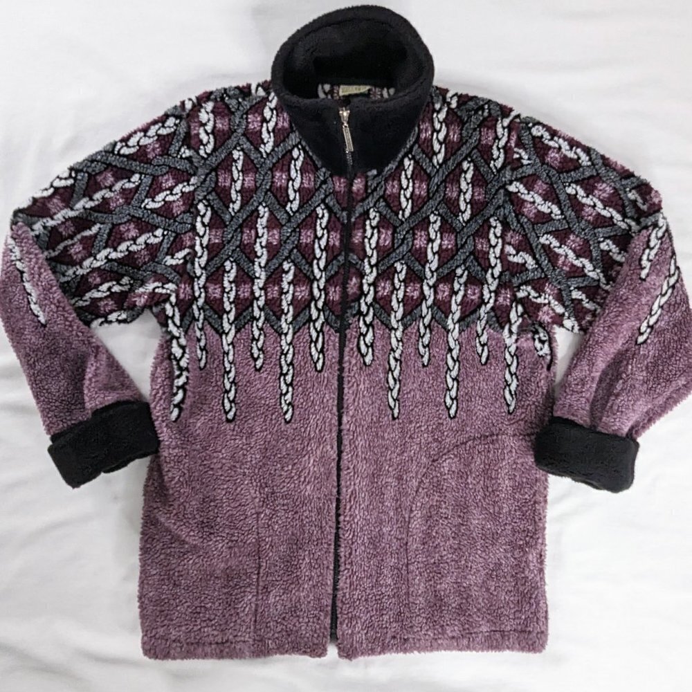 VTG Purple Black Fair Isle High Pile Fleece High Neck Full Zip Jacket
